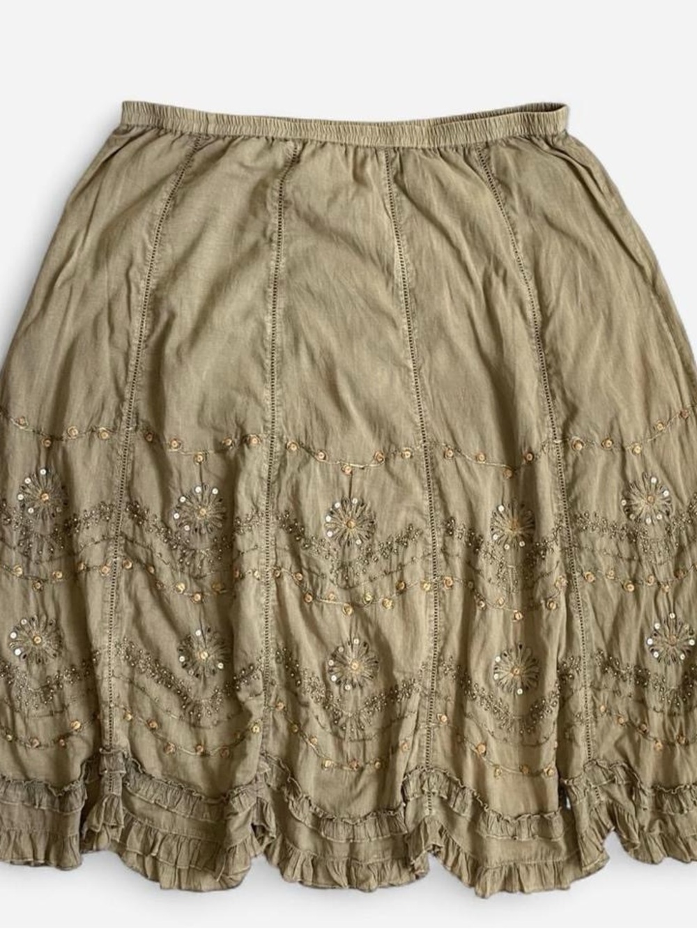 Taupe boho embroidered beaded floral maxi skirt